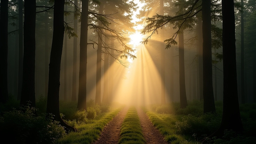 Peaceful woodland landscape showing a narrow trail disappearing into a misty forest with sunlight filtering through trees creating an atmospheric scene