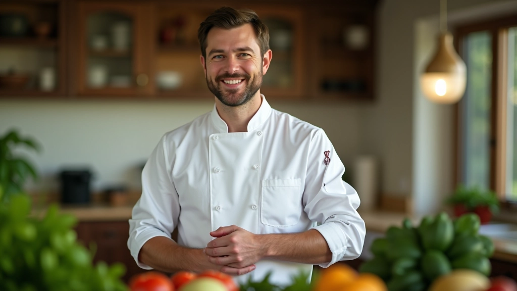 Chef arranging fresh spring vegetables on kitchen counter with natural window lighting, focused on ingredients
