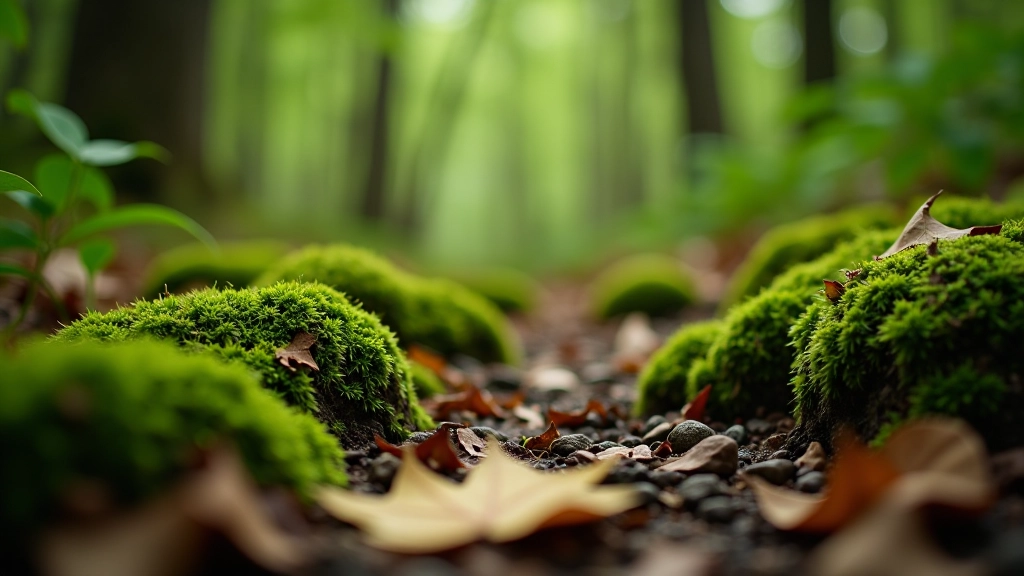 Close-up detail of forest floor showing moss-covered rocks, fallen leaves, and small plants in natural woodland setting