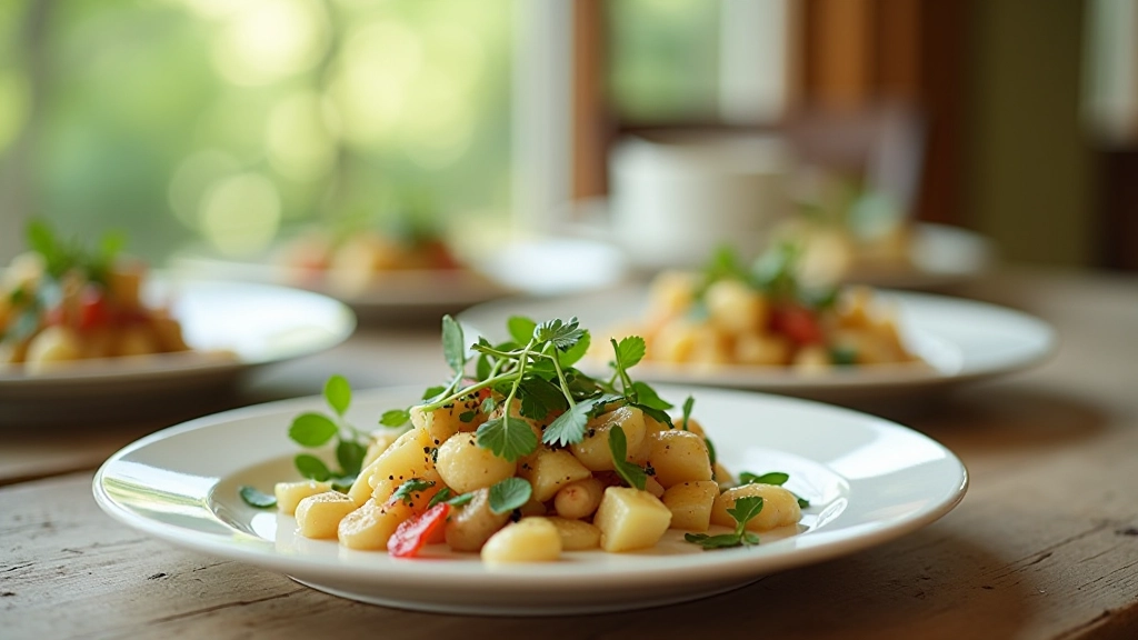 Multiple colorful dishes plated on white plates with fresh garnishes and herbs, natural window lighting