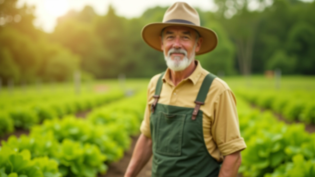 Farm owner standing in vegetable garden with rows of green plants, wearing work clothes, morning light, confident pose