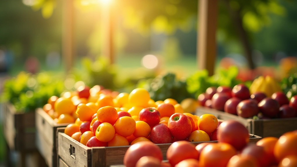 Farmers market stall with colorful seasonal produce displayed in wooden crates under morning sunlight