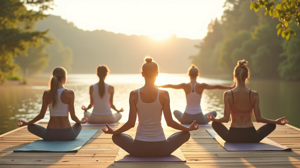 Group of people doing yoga on wooden deck overlooking calm lake