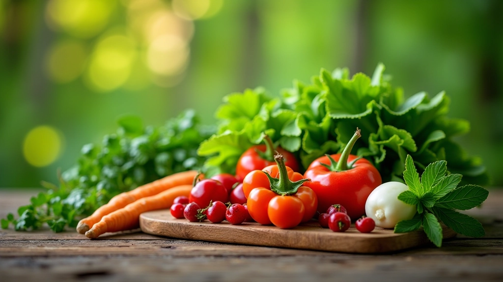 Fresh seasonal vegetables and herbs arranged on rustic wooden table
