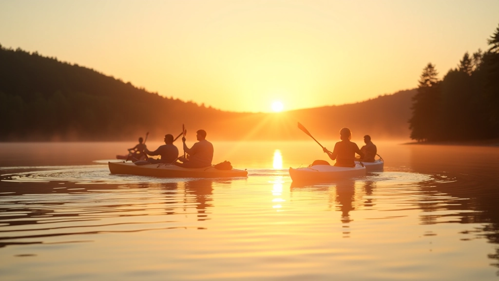 Multiple kayakers paddling peacefully on calm lake at sunset with golden light reflecting on water