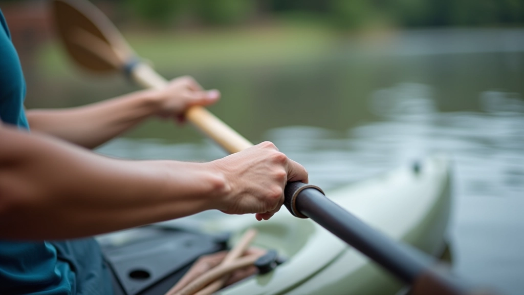 Close-up of paddler's hands and arms demonstrating proper paddle grip and positioning above calm water