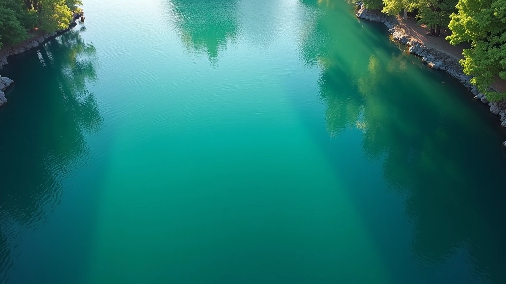 Overhead view of calm lake water with gentle ripples reflecting sky and surrounding trees