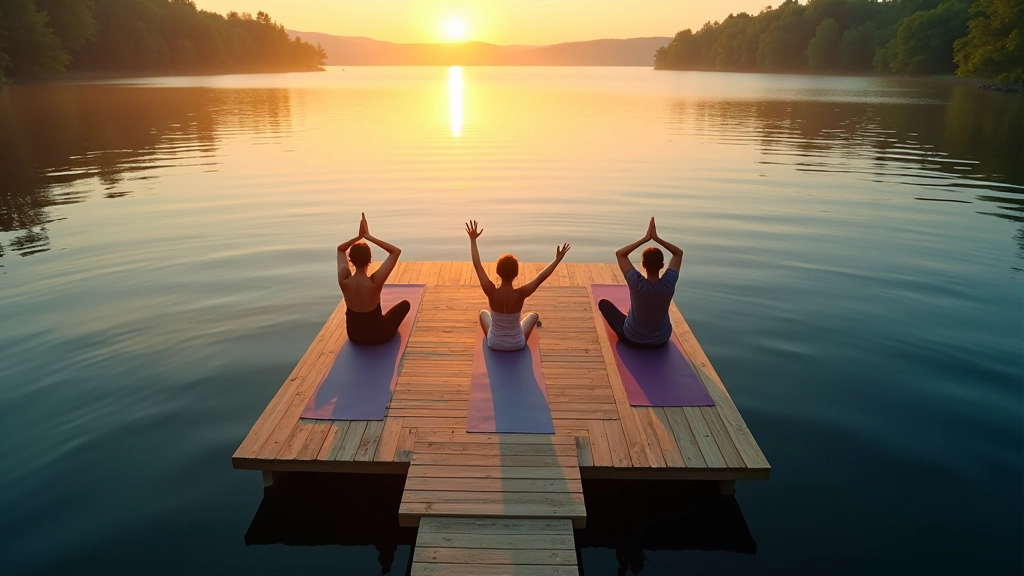 Aerial view of lakeside yoga platform with multiple people practicing different poses at golden hour with reflections on calm water