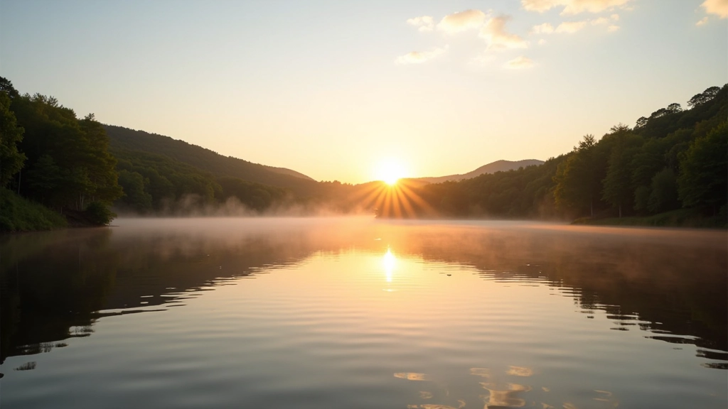 Serene lakeside view at sunset with calm water reflecting mountains and trees