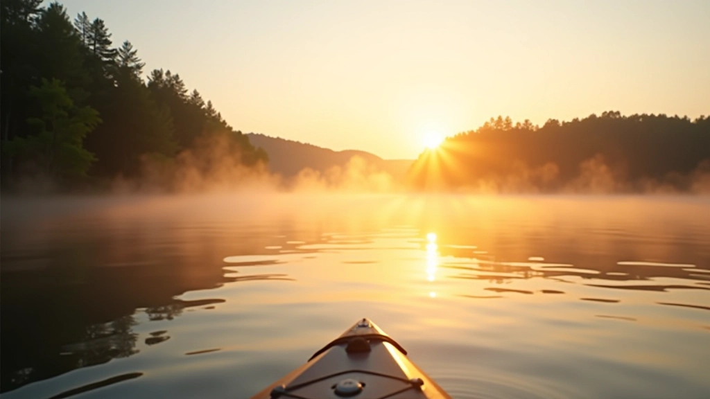 Serene lake at sunset with mist rising from water