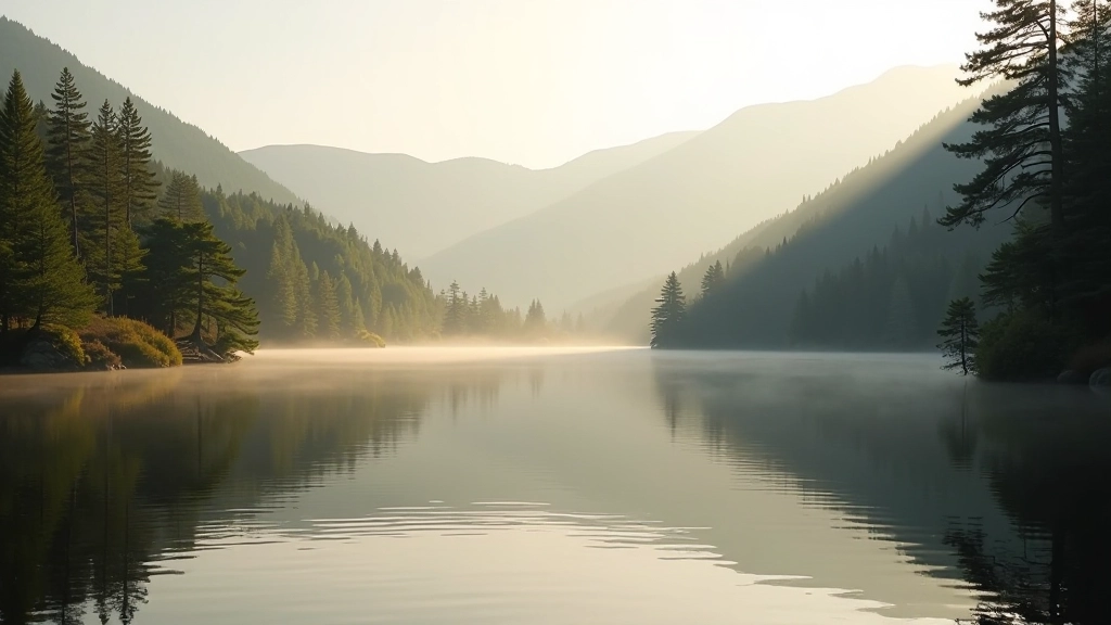 Serene lakeside view with misty mountains