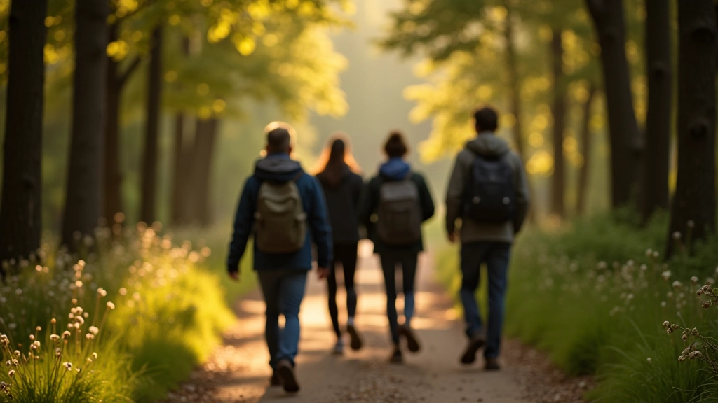 Group walking on forest trail surrounded by trees and natural vegetation