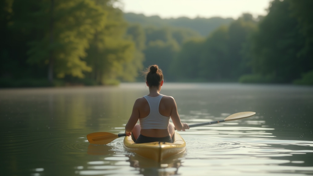 Person paddling kayak on calm blue lake surrounded by forest