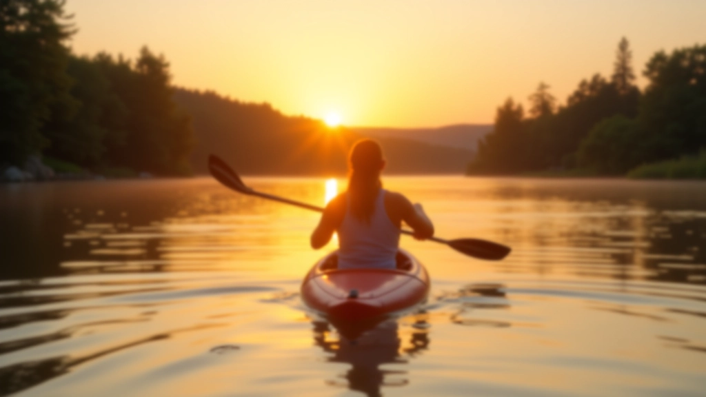 Guest peacefully paddling a kayak on the calm lake waters