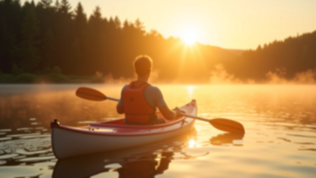 Person in kayak on serene lake at sunrise, shoulders relaxed, peaceful expression