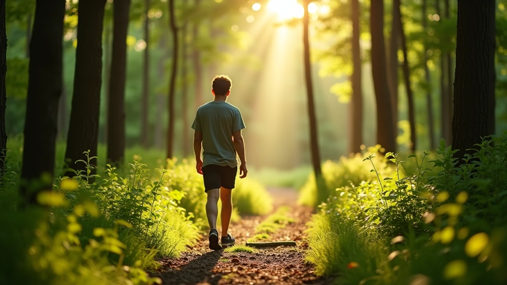 Person walking alone on a quiet forest trail with dappled sunlight creating patterns on the path through the trees