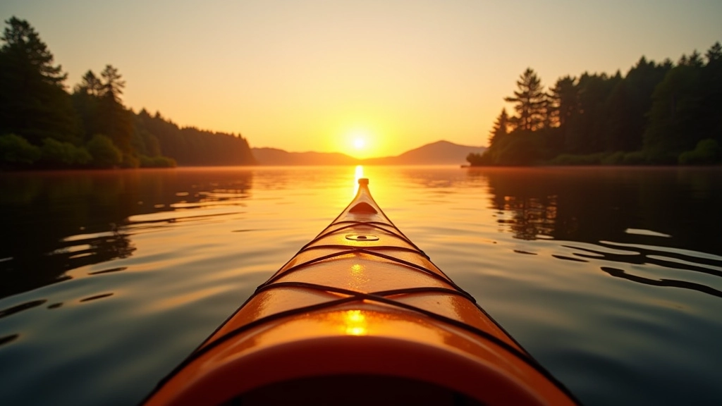 Sunset view from kayak looking toward distant forested shoreline with calm water and warm golden light