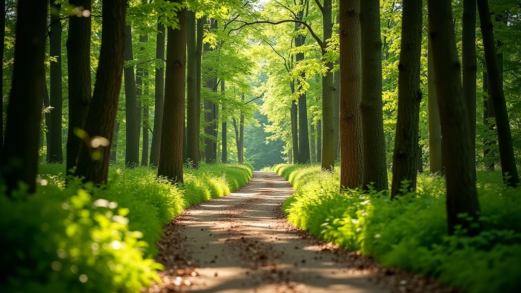 Scenic view of a woodland trail path winding through forest with tall trees creating a natural canopy overhead