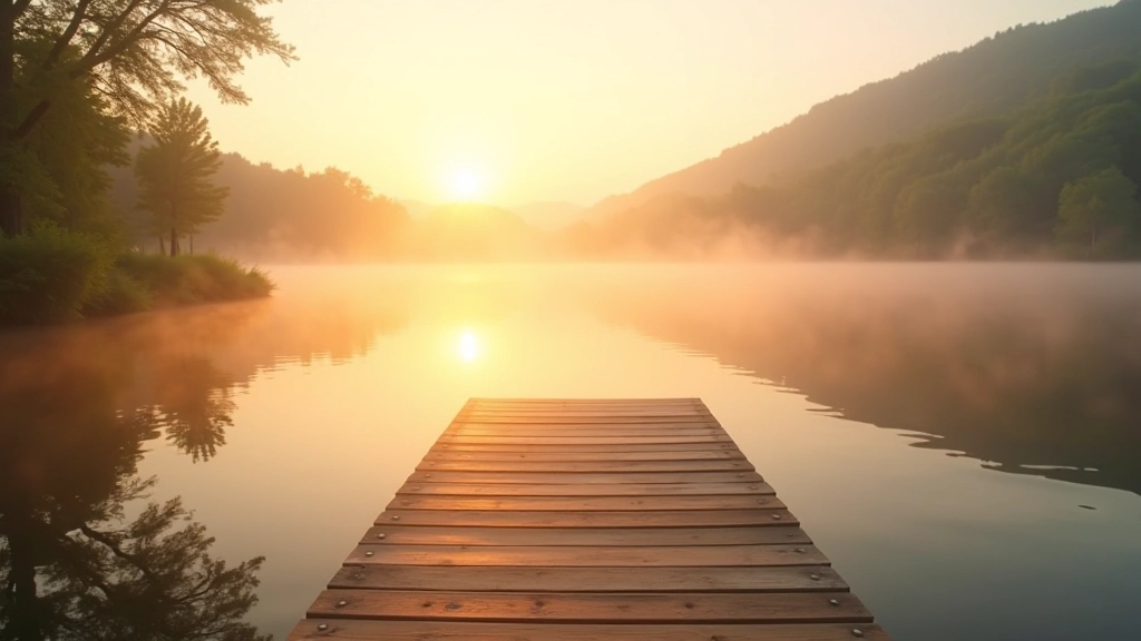 Sunrise view of calm lake with wooden yoga platform and soft golden light reflecting on still water surface