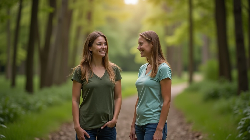 Group of people standing together on a forest trail, smiling and conversing in a peaceful woodland setting with natural daylight