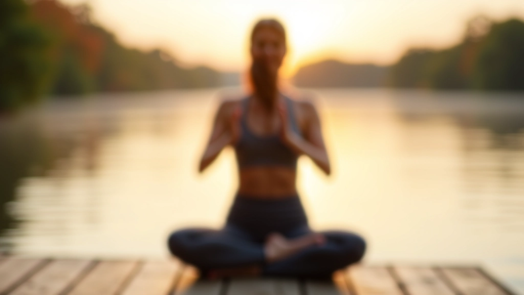 Woman doing yoga pose on wooden deck overlooking lake at sunrise