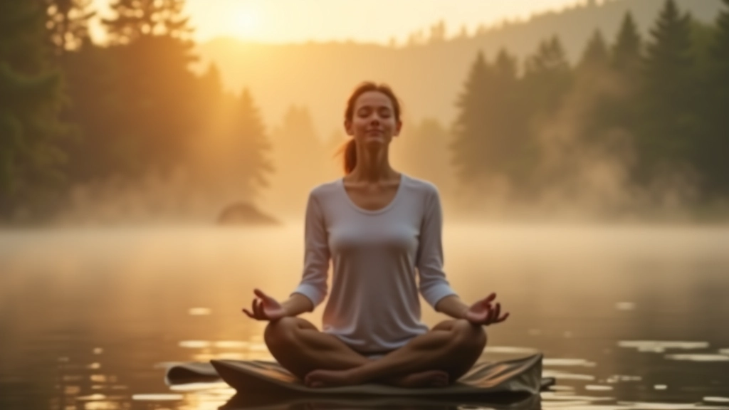 Woman in lotus position practicing breathing meditation with mist rising from water at sunrise