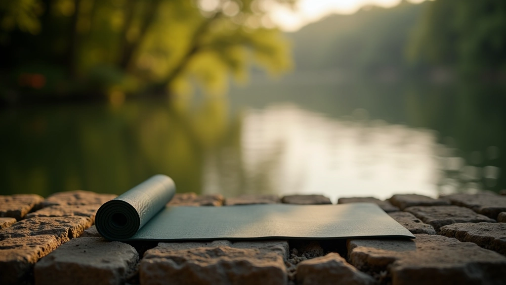 Close-up of yoga mat placed on uneven stone surface with water view showing grounding challenge in outdoor practice